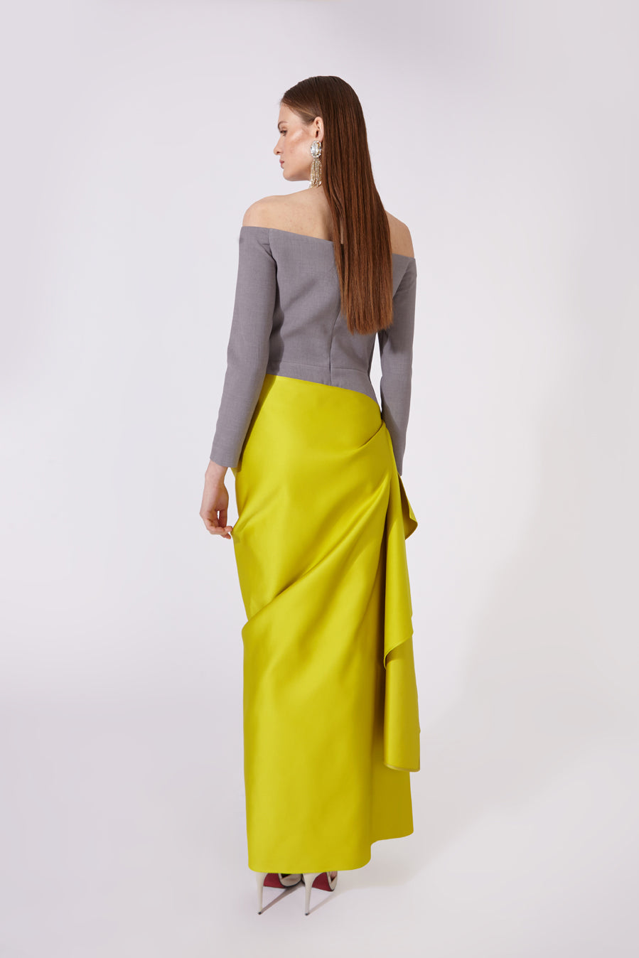 Dress in Satin and Lightweight Crepe with Draped Waist