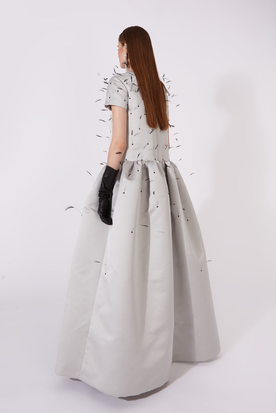 Grey Feather Crystal Satin Gown