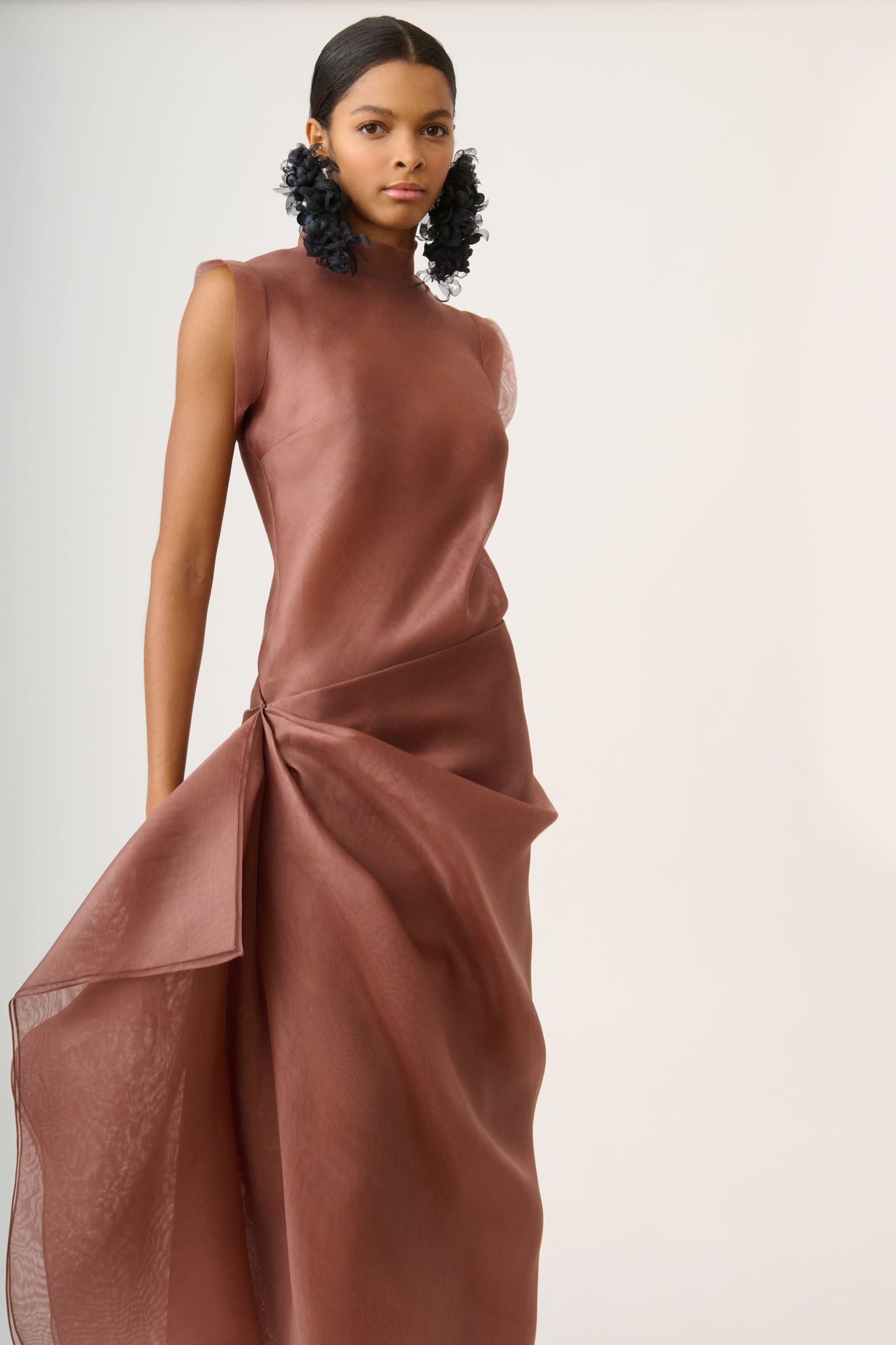 Asymmetric Long Silk Organza Skirt with Draped Waist