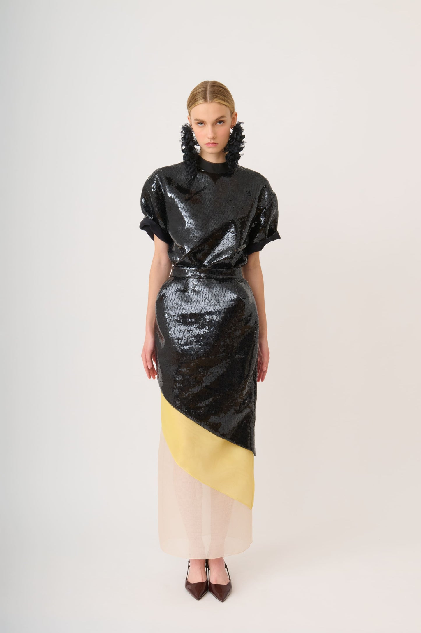 Midi Pencil Skirt with Sequins and Organza