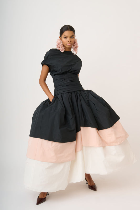 Falda midi de tafetán de cintura alta con paneles asimétricos