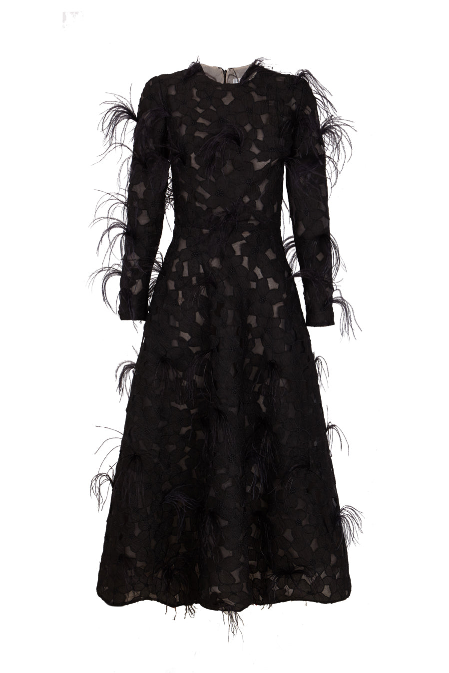 Long sleeve guipure midi dress with feathers