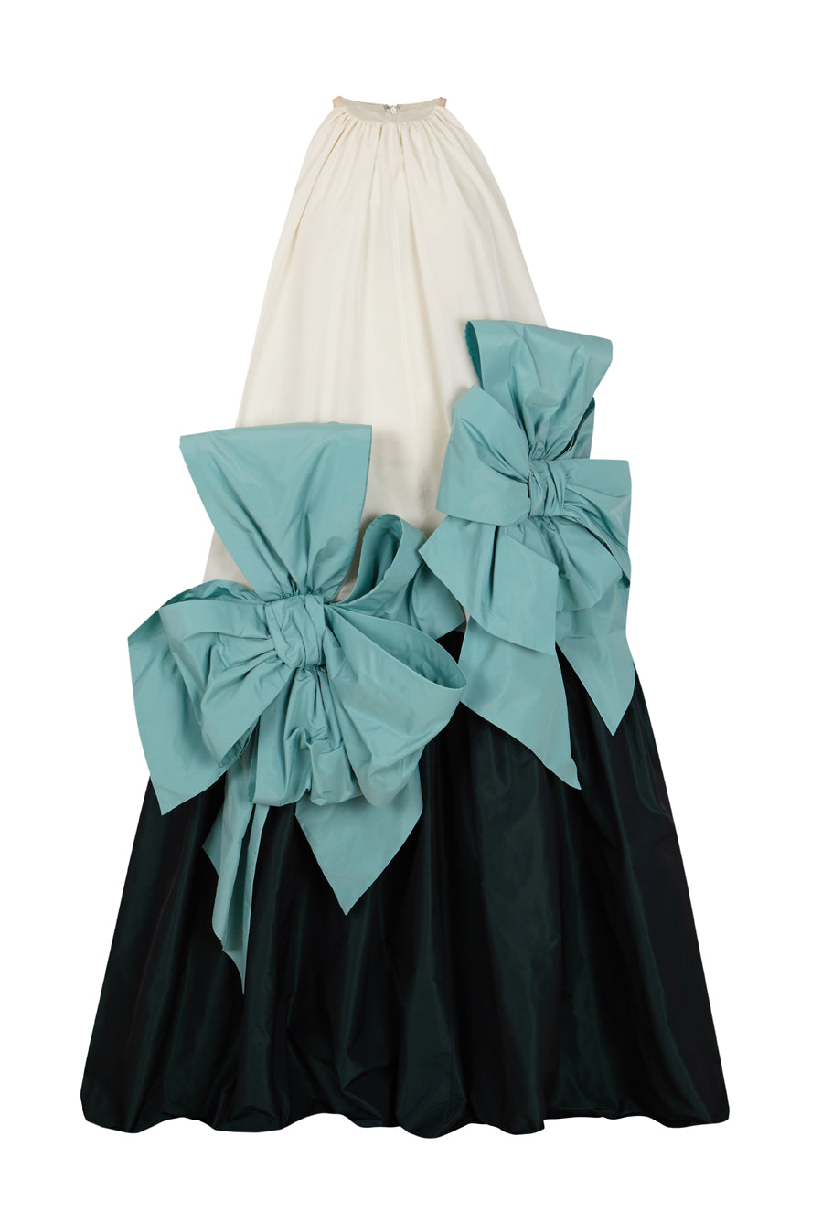 Sleeveless taffeta maxi dress with maxi bows