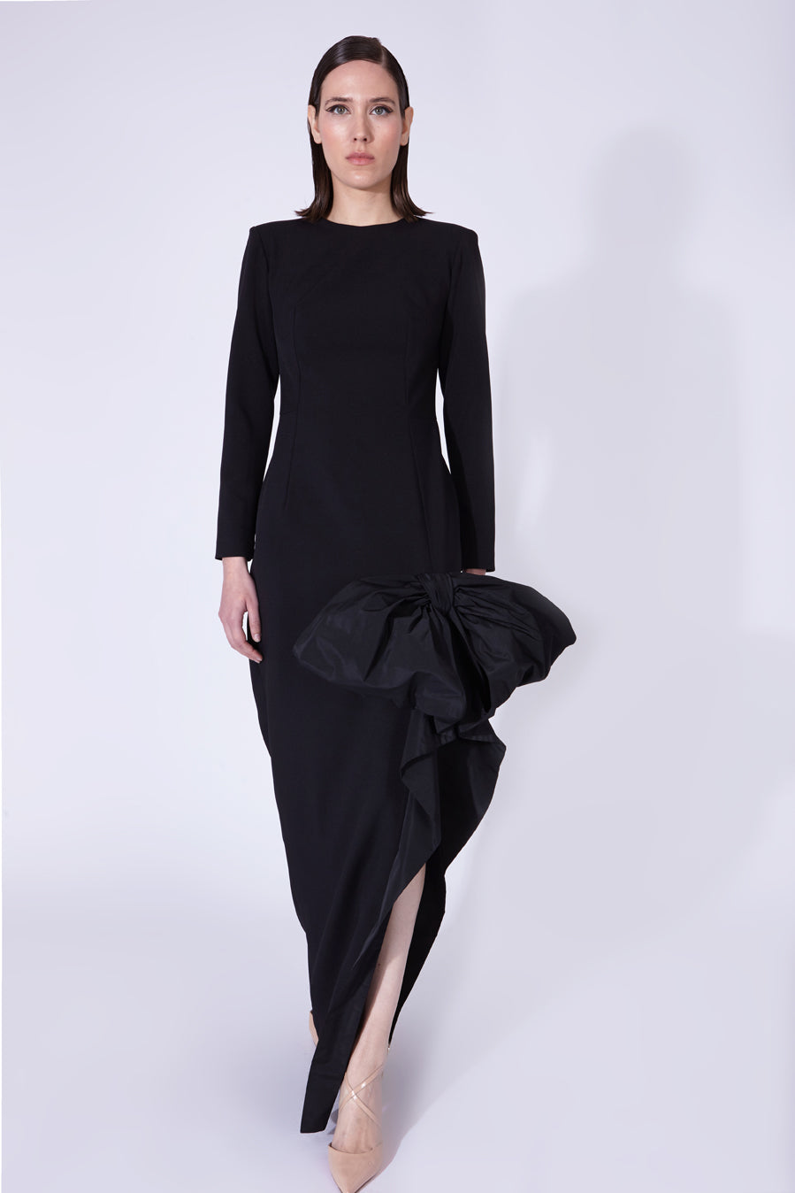 dress with bow long sleeve Mac Duggal Women's Long Sleeve Structured Bow Draped Gown