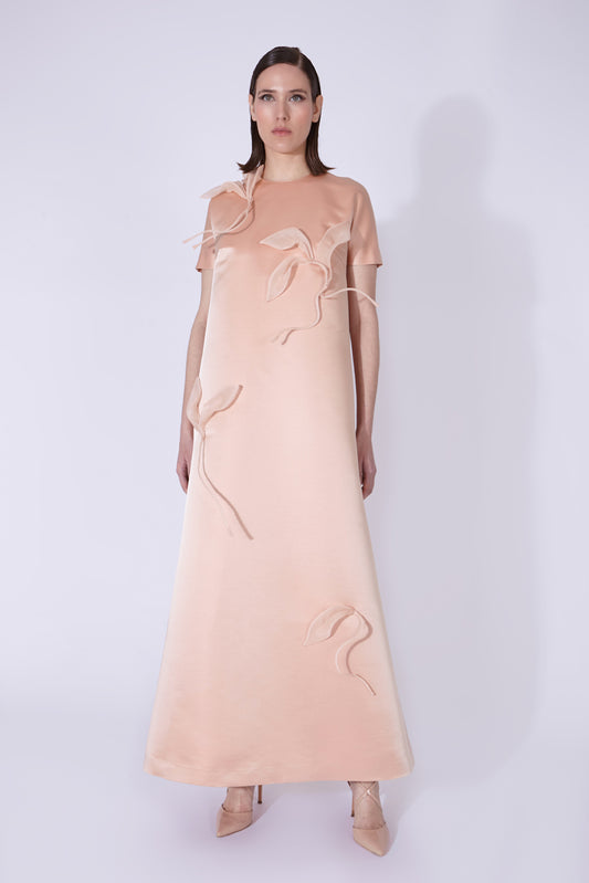 Long satin dress with leaves