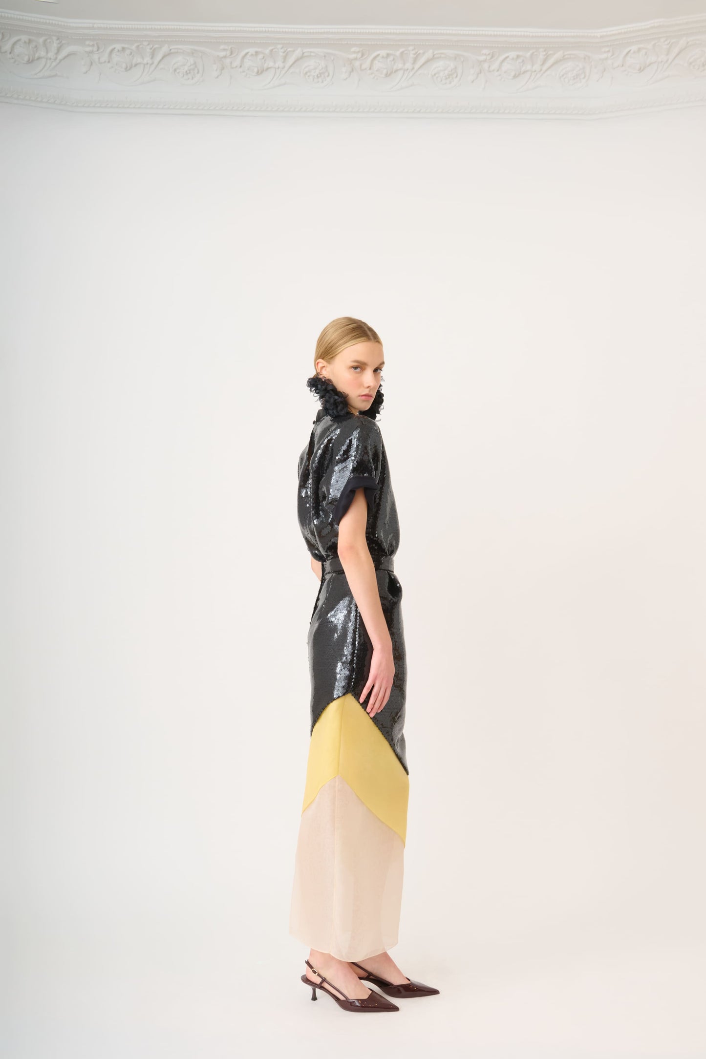 Midi Pencil Skirt with Sequins and Organza