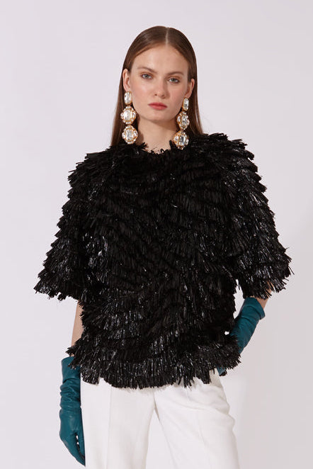Boxy Short-Sleeve Top in Textured Raffia