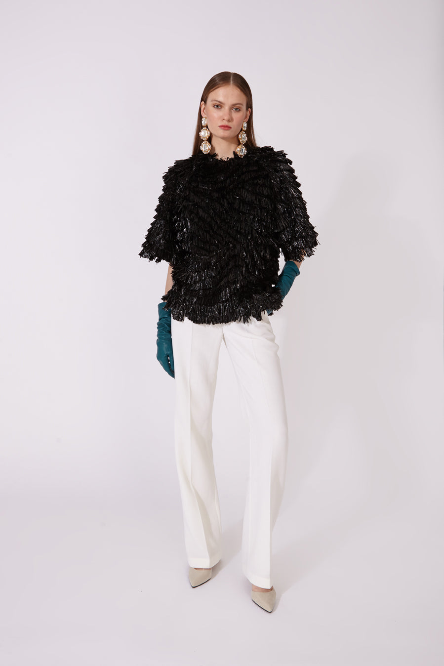 Virgin wool pleated straight leg trousers