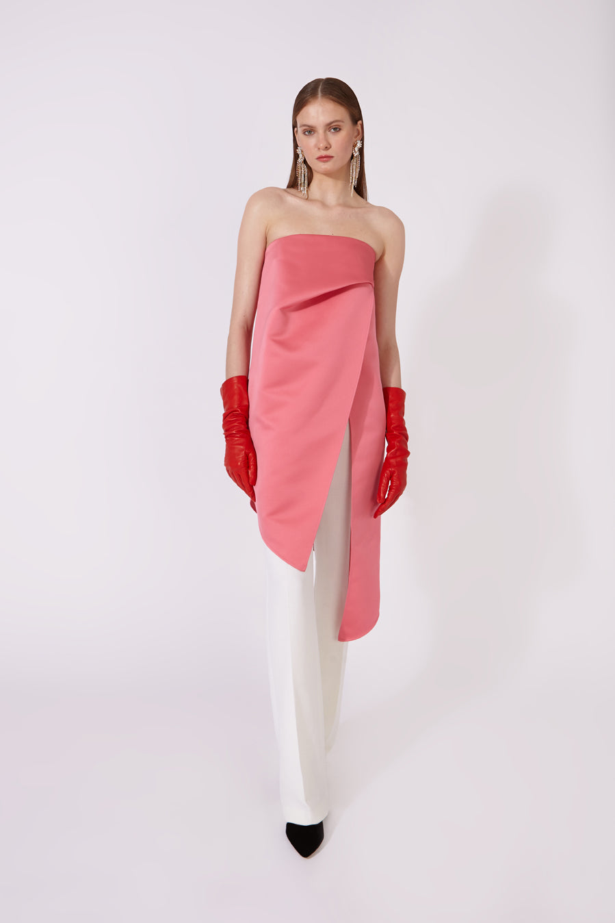 Long Strapless Satin Top with Front Pleat