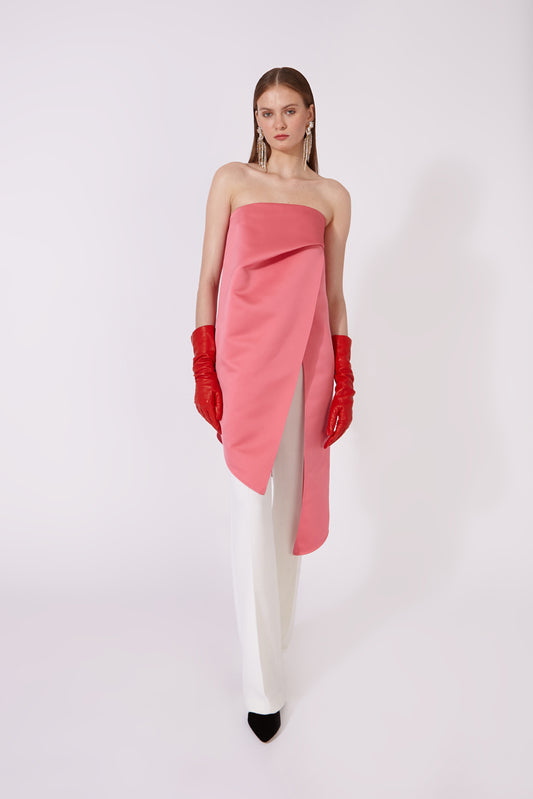 Long Strapless Satin Top with Front Pleat