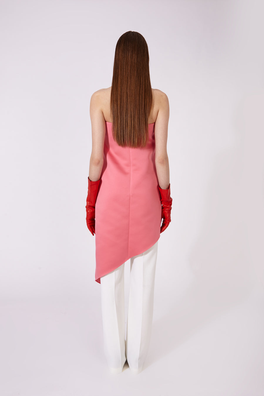 Long Strapless Satin Top with Front Pleat