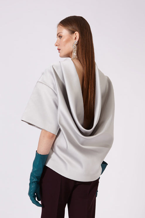 Oversized Satin Top with Draped Open Back