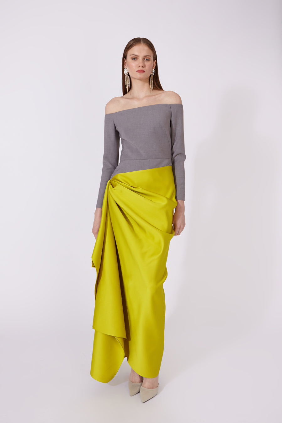 Dress in Satin and Lightweight Crepe with Draped Waist
