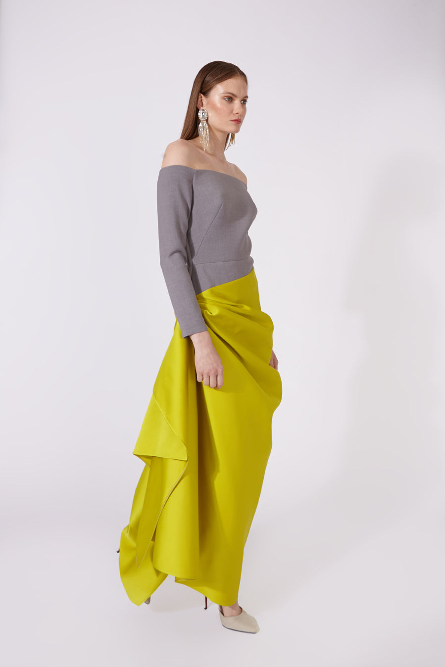 Dress in Satin and Lightweight Crepe with Draped Waist