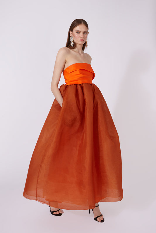 Strapless Ankle-Length Dress in Satin and Silk Organza