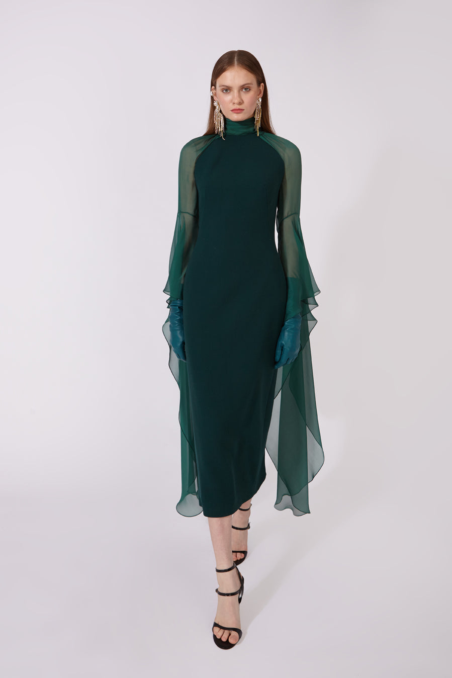 Fitted Midi Wool Crepe Dress with Silk Muslin Sleeves