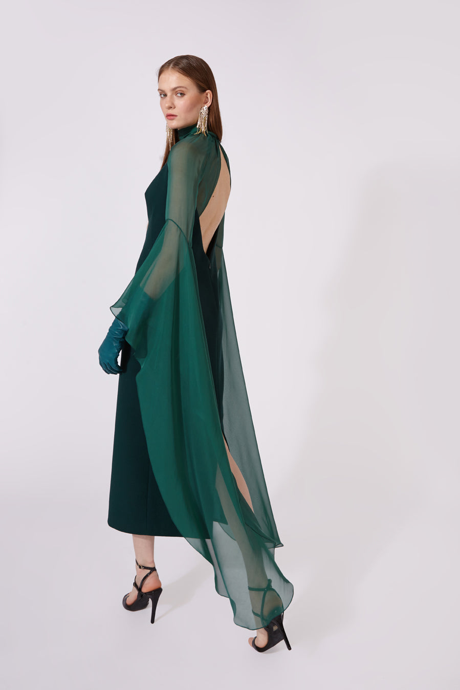Fitted Midi Wool Crepe Dress with Silk Muslin Sleeves