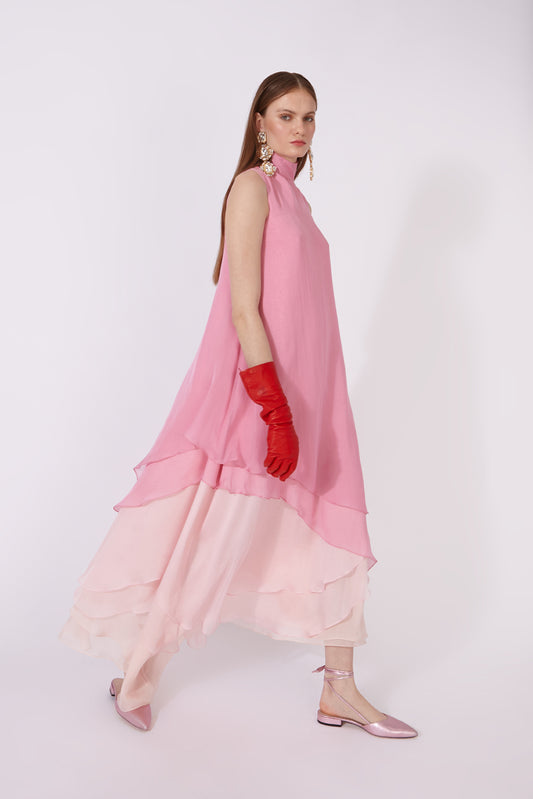 Sheer Layered High-Neck Muslin Dress