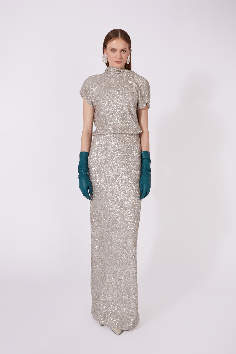 Long Sequin Dress with Draped Open Back