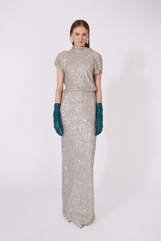 Long Sequin Dress with Draped Open Back