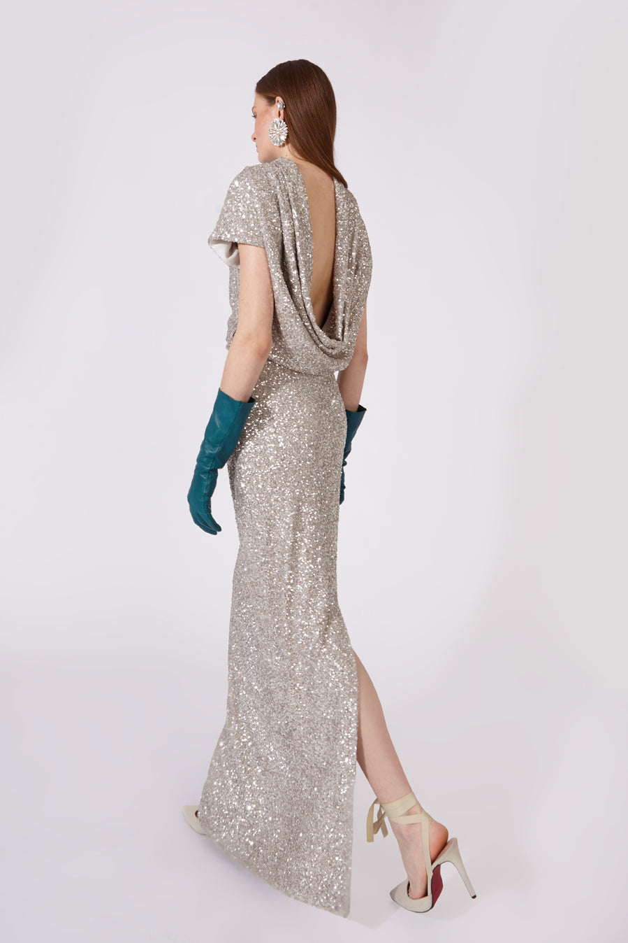 Long Sequin Dress with Draped Open Back