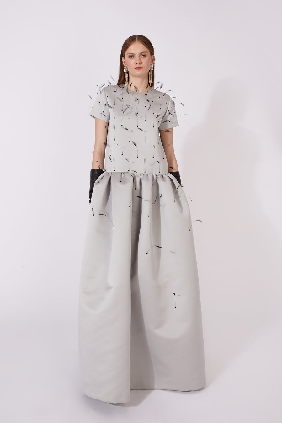 Grey Feather Crystal Satin Gown