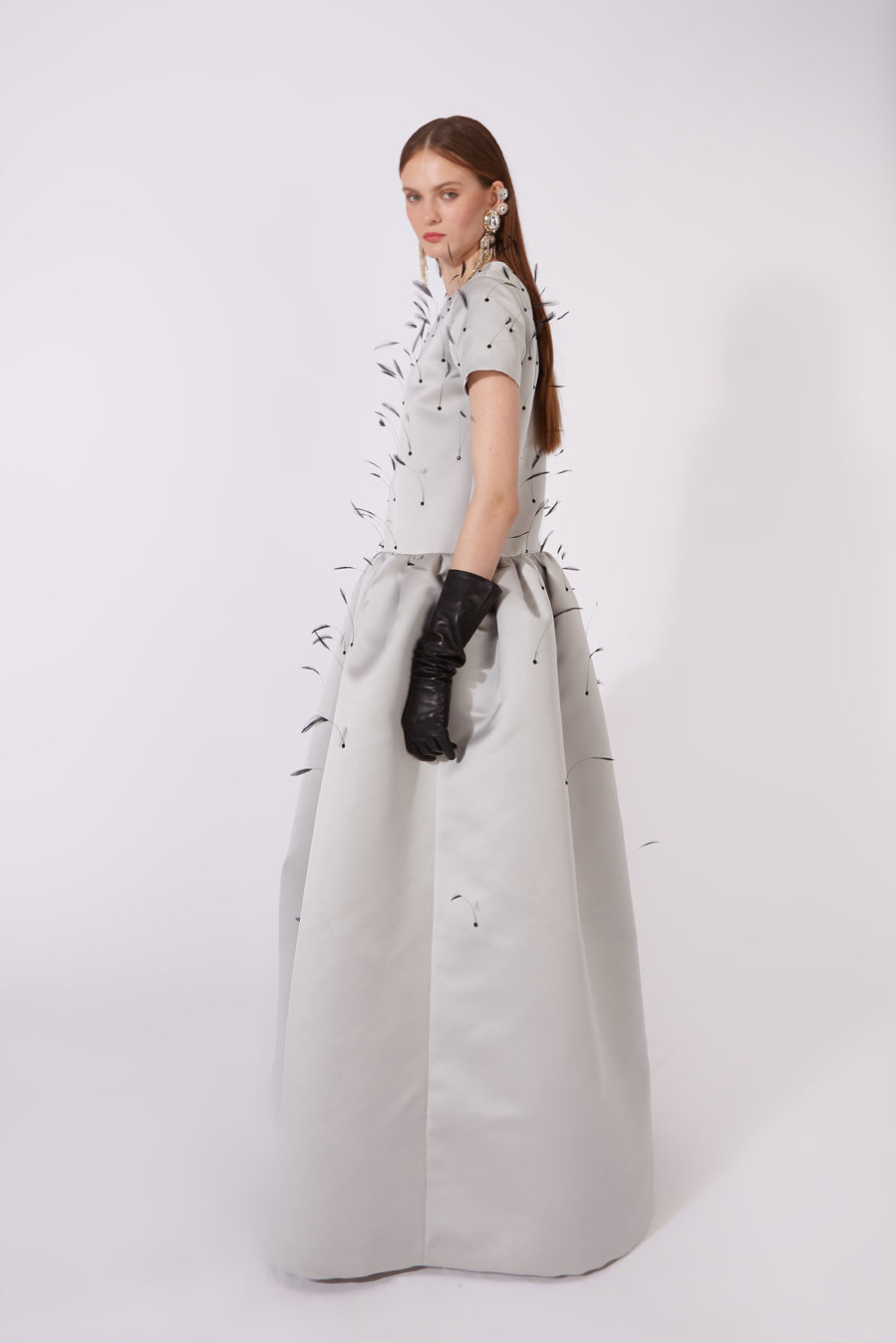 Grey Feather Crystal Satin Gown