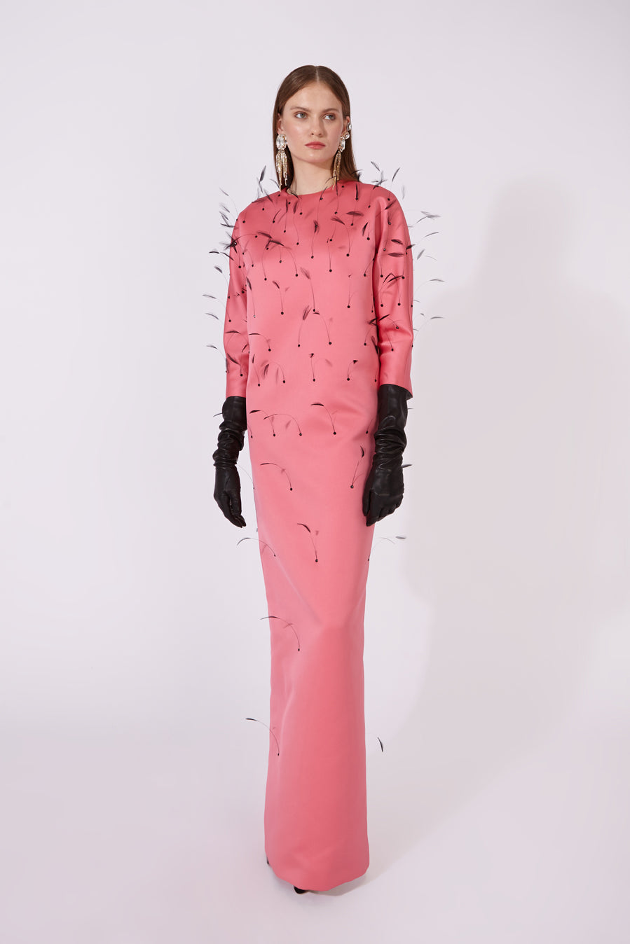 Long Satin Dress with Crystals and Black Rooster Feathers