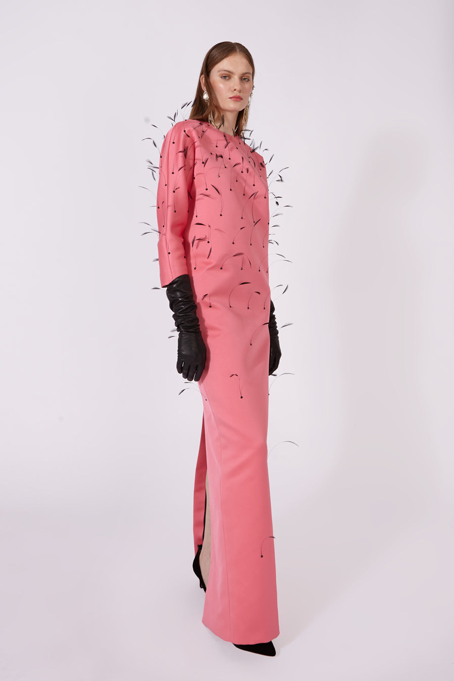Long Satin Dress with Crystals and Black Rooster Feathers