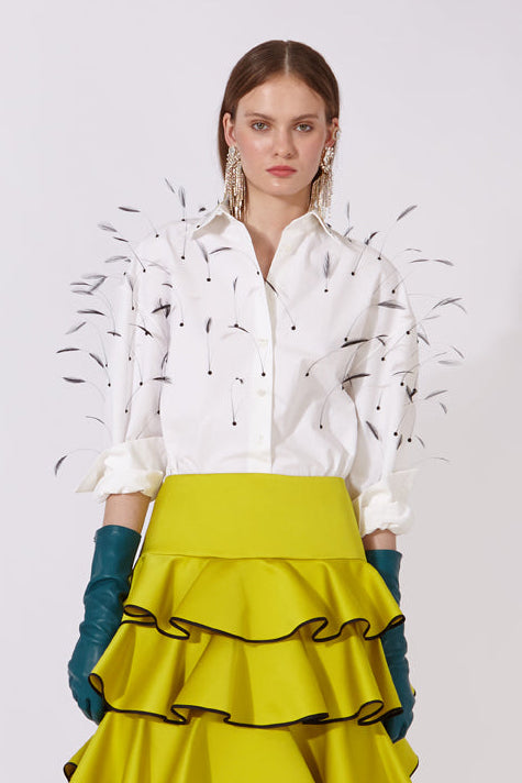 Poplin blouse with crystals and natural feathers