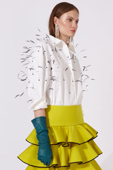 Poplin blouse with crystals and natural feathers
