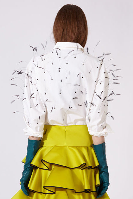 Poplin blouse with crystals and natural feathers