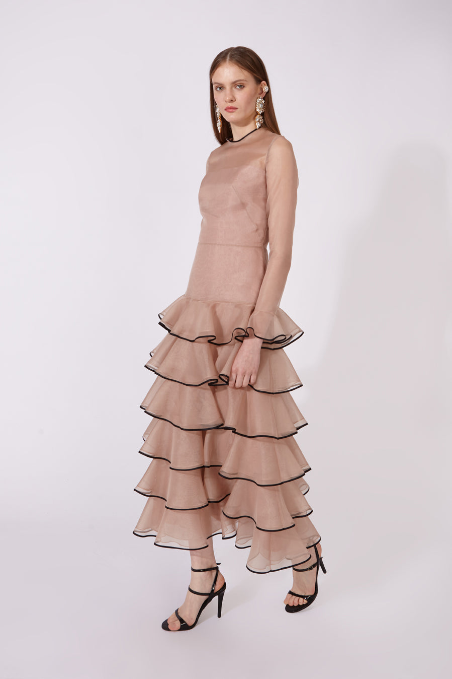 Long-Sleeve Silk Organza Dress with Black-Trimmed Ruffles
