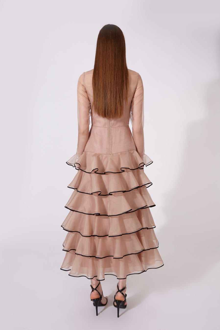 Long-Sleeve Silk Organza Dress with Black-Trimmed Ruffles