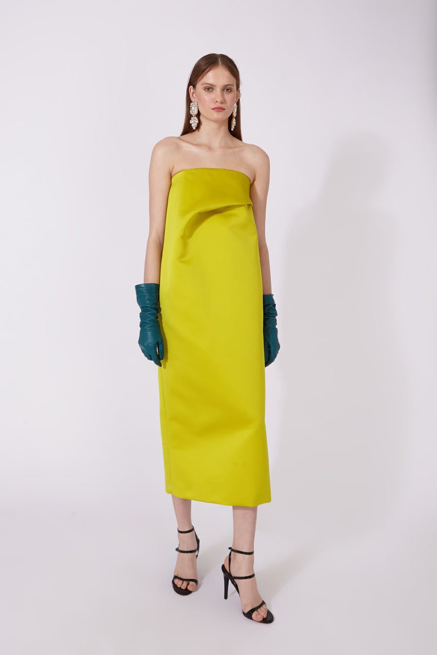 Strapless Midi Satin Dress with Draped Bust