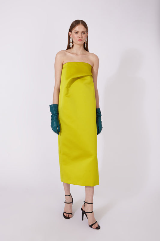 Strapless Midi Satin Dress with Draped Bust