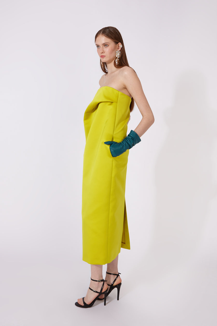 Strapless Midi Satin Dress with Draped Bust