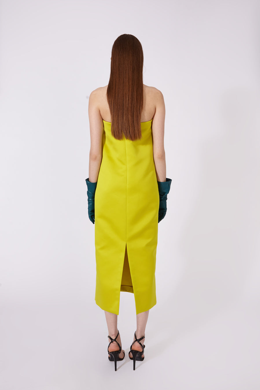 Strapless Midi Satin Dress with Draped Bust