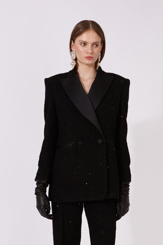 Black double breasted tweed tuxedo blazer