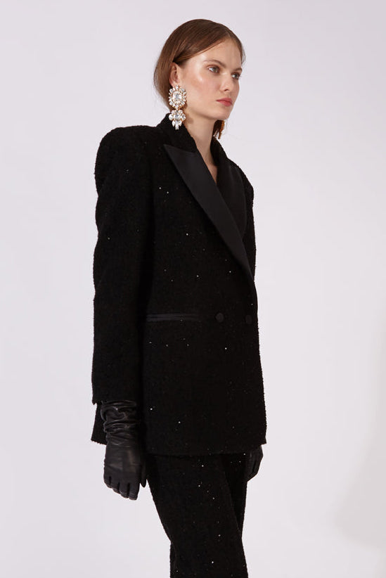 Black double breasted tweed tuxedo blazer