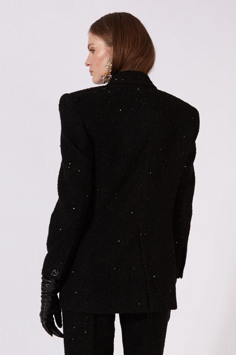 Black double breasted tweed tuxedo blazer