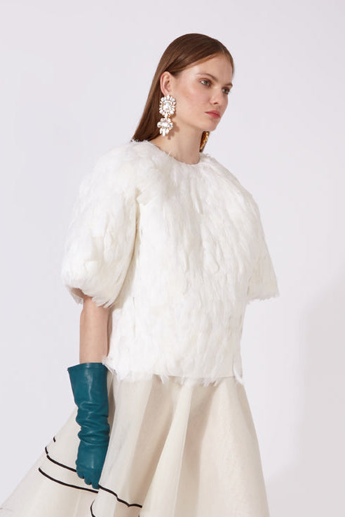 Boxy Short-Sleeve Top with Goose Feathers