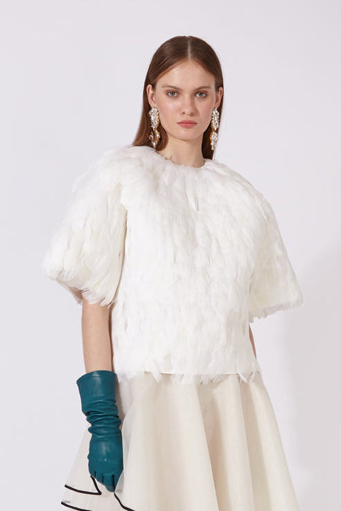Boxy Short-Sleeve Top with Goose Feathers