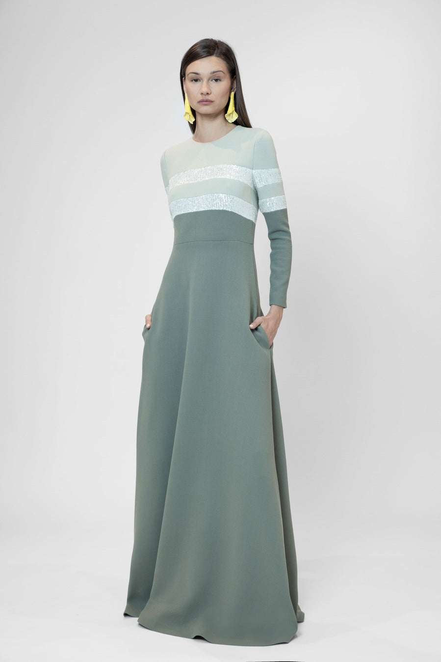 Long evasé dress with long sleeves and paillettes