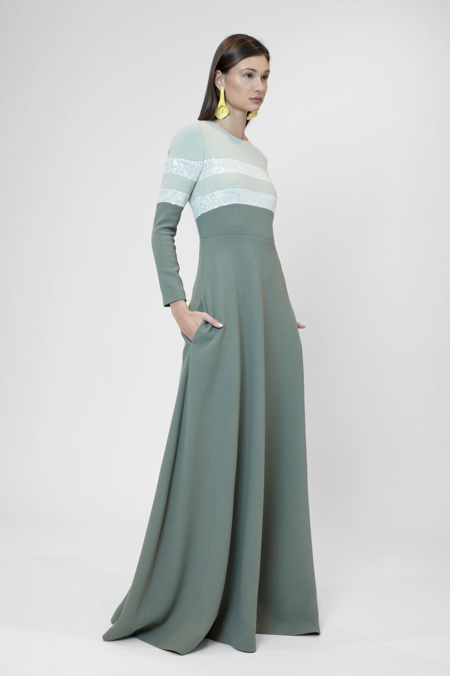 Long evasé dress with long sleeves and paillettes