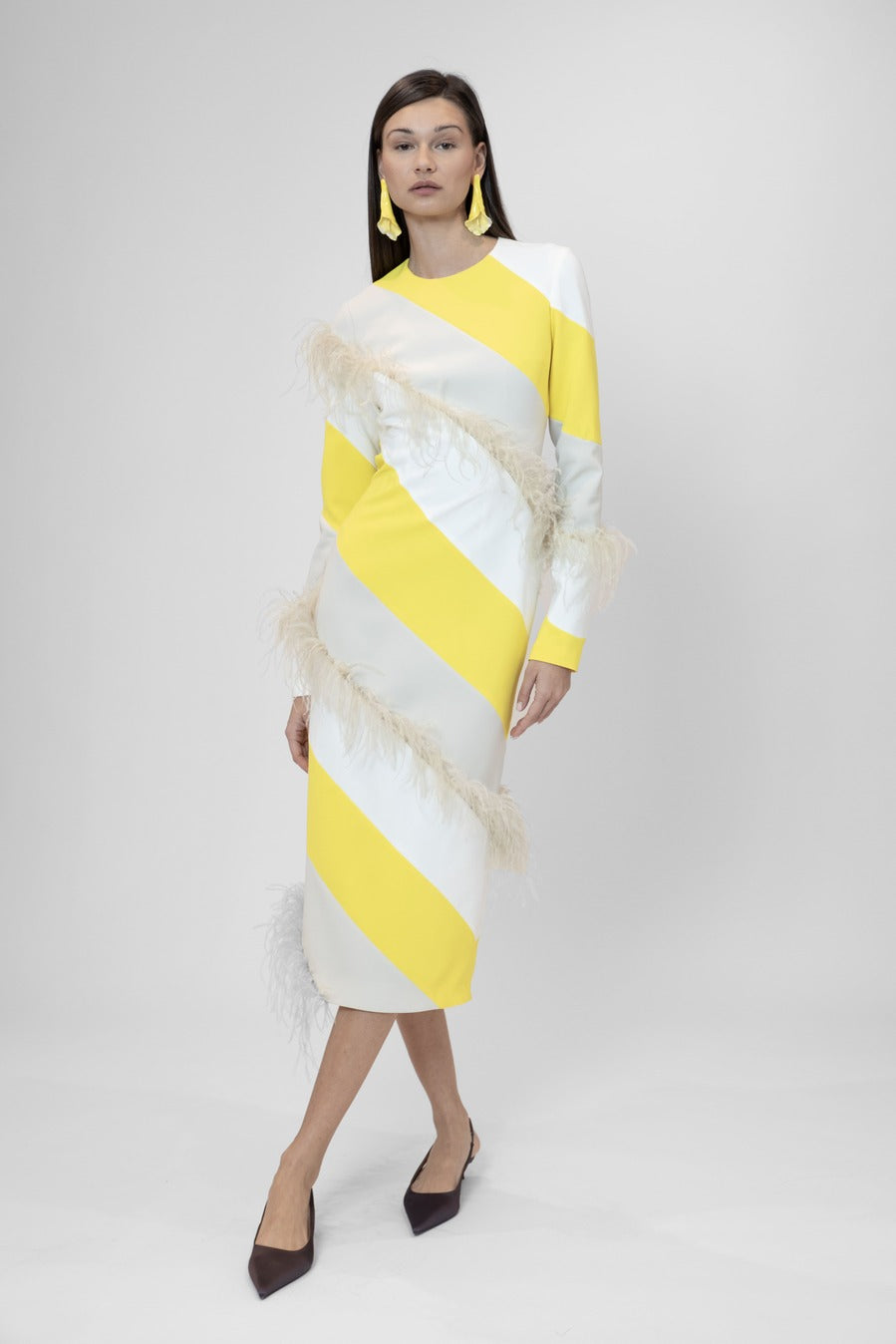 Long-sleeved two-toned dress with feather appliqués