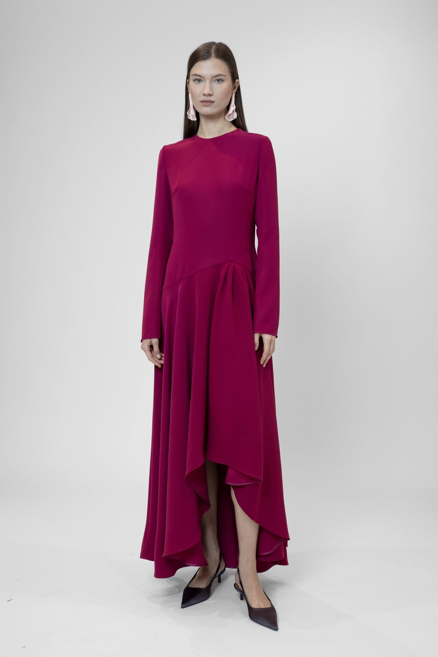 Long sleeve midi dress with asymmetrical skirt – THE 2ND SKIN CO