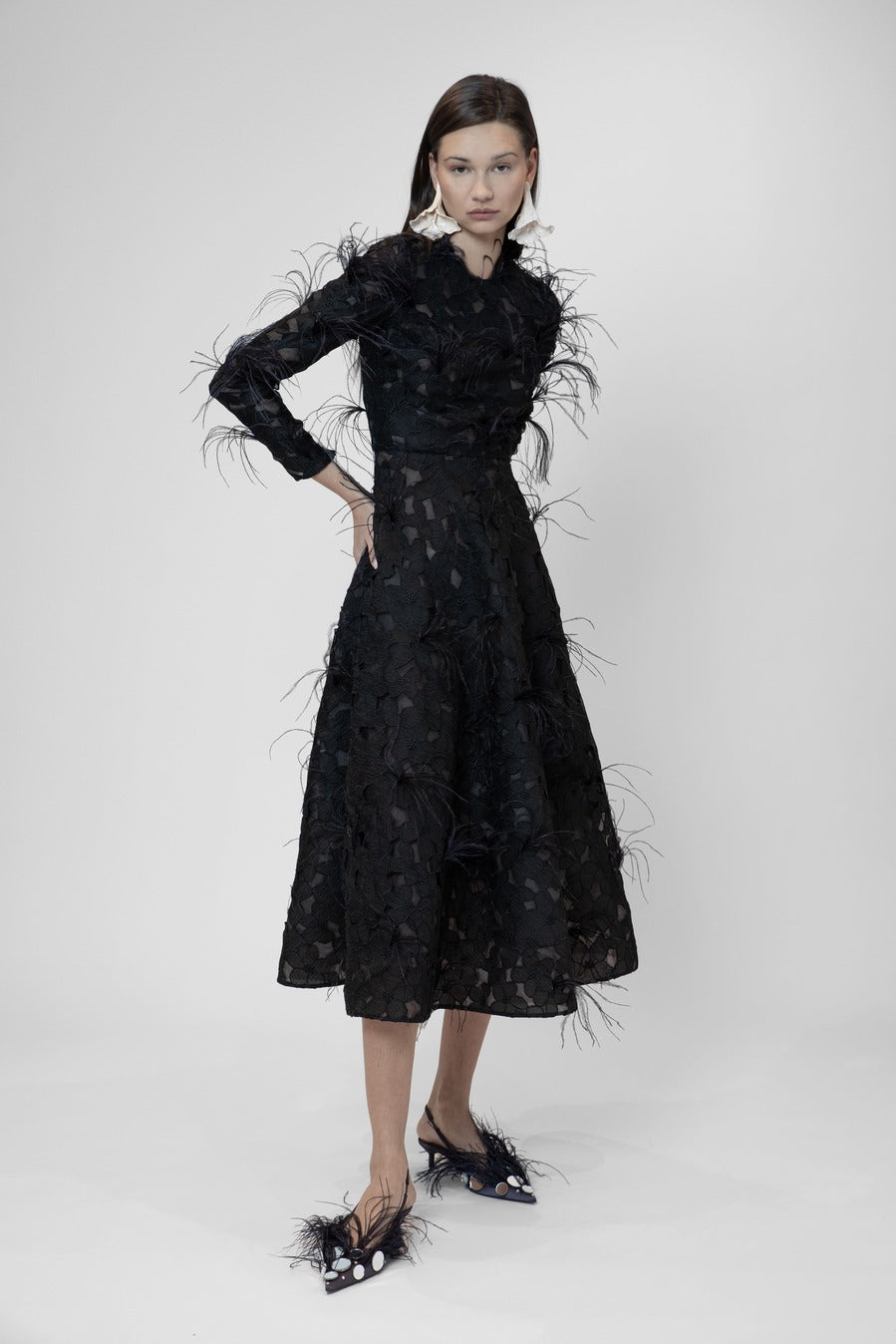 Long sleeve guipure midi dress with feathers