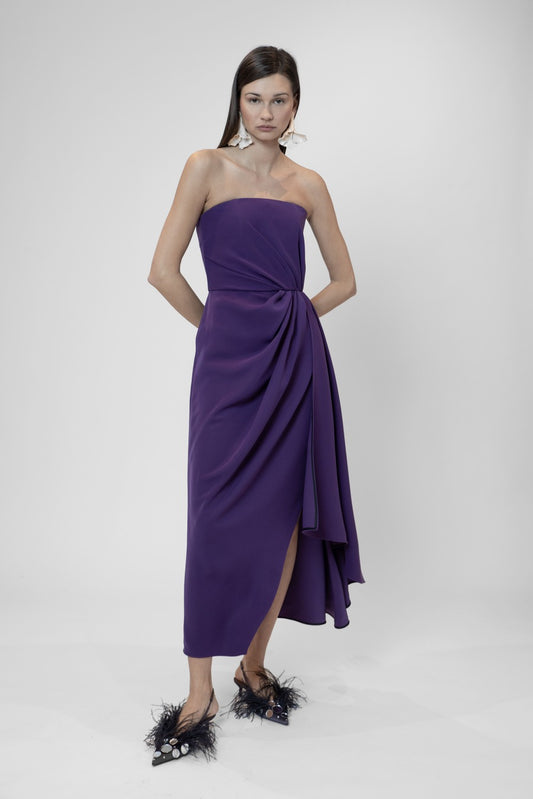 Draped strapless midi dress