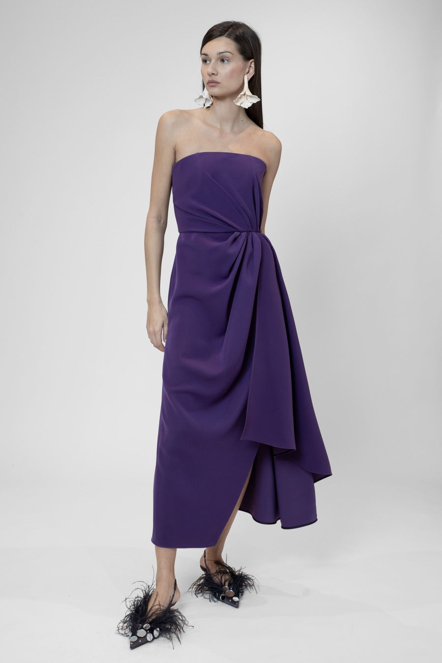 Draped strapless midi dress